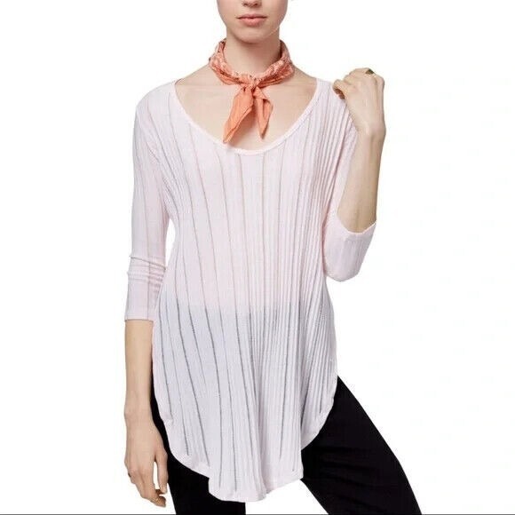 Free People We The Free Tops - FREE PEOPLE We The Free Astoria Light Pink Ribbed Side Slit Tee Sz S 3/4 Sleeve